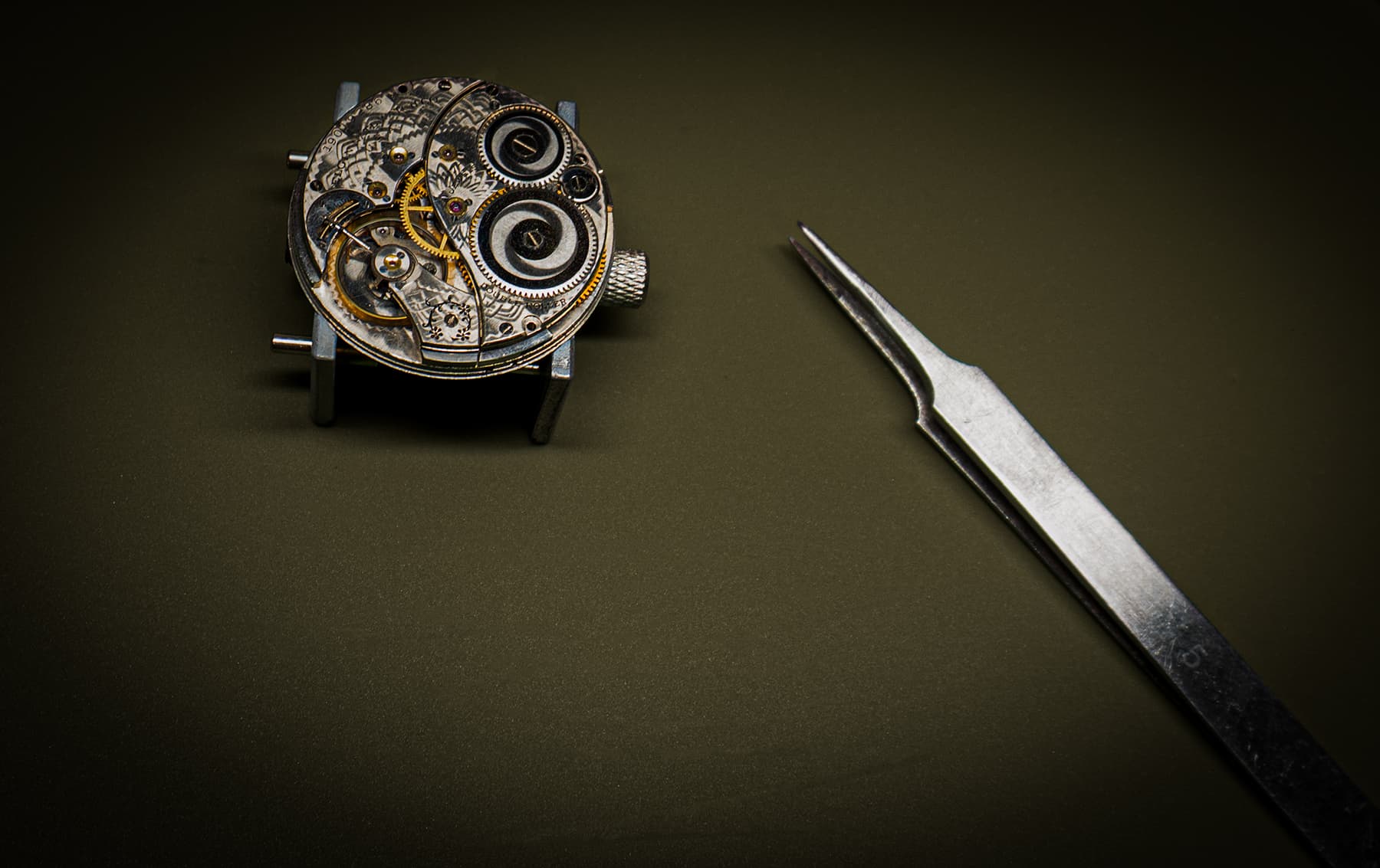 Close-up of a watch movement being serviced